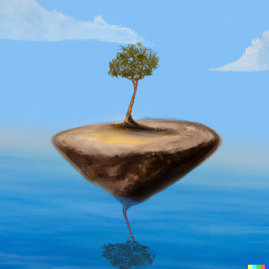 DALL·E 2022-10-19 09.29.10 - floating tree on a small piece of land, blue sky oil painting